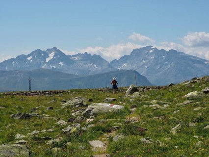 A female hiker on a trail with a view of snow-capped peaks and green meadows, Bellwald, Goms,