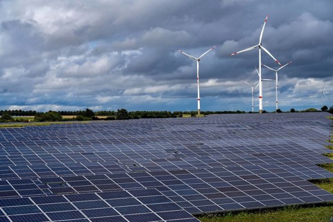 Solar park and wind farm near Morschheim, part of the municipality of Kirchheimbolanden,