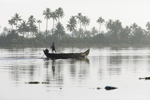 Fisherman in the morning with a boat on the Vembanad Lake, canal system of the backwaters, Kerala,