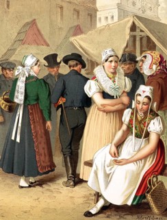 Traditional costumes in Germany around 1820, Province of Silesia, Tannhausen, group of villagers in