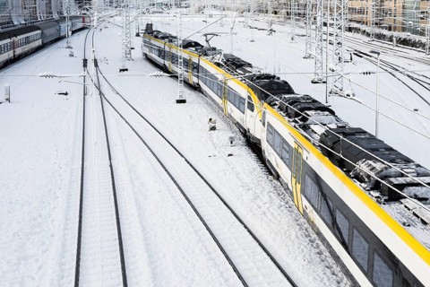 Tracks and train covered with snow and ice, Freiburg im Breisgau, Black Forest, Baden-Württemberg,