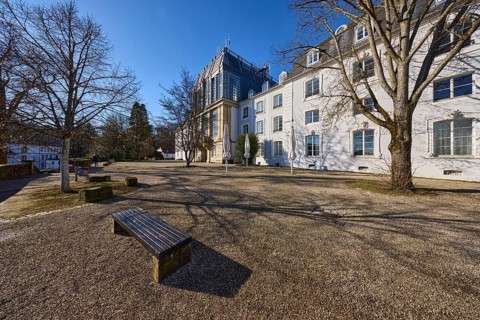 Saarbrücken Castle, Baroque architectural style, bench, trees, blue sky, cloudless, Saarbrücken,