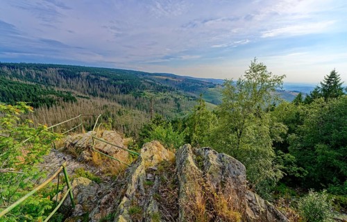 The Hammerstein Cliff with a view point in the mountain landscape in the Harz nature park Park.