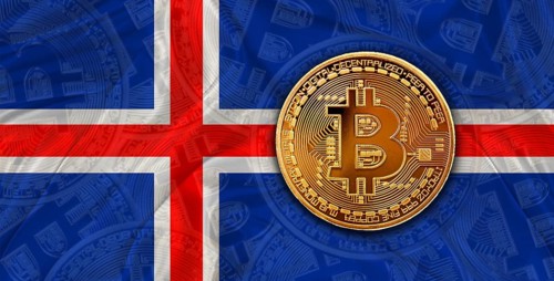 Investors in Blockchain Technology with Iceland flag background. Bitcoin cryptocurrency with