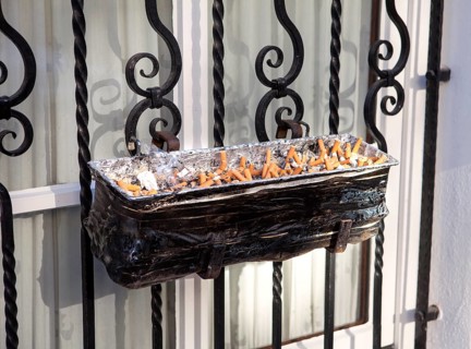 Flower box as an ashtray outside at a bar, smoking bans, North Rhine-Westphalia, Germany, Europe,
