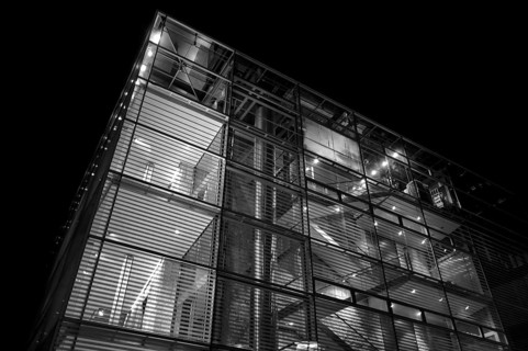 Night view, art museum, cube, glass cube, Stuttgart, Baden-Württemberg, Germany
