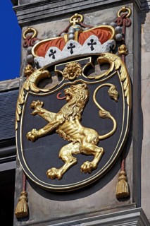 Historic City Hall Stadhuis on the Grote Markt, detailed view of the coat of arms of the Duchy of