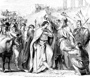 David is anointed in Hebron, kings over all Israel, warriors, crowd, Judea, West Bank, trumpets,