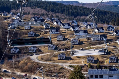 Winter sports area in the Sauerland, Winterberg ski lift carousel, artificial snow slopes,