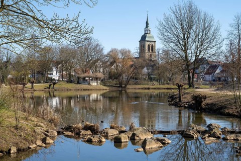 Town view with St.Aegidius church at the Emssee, Wiedenbrück, Rheda-Wiedenbrück, Westphalia, North