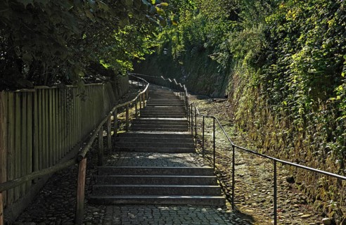 Stairway to the castle complex of Burghausen, Burghausen, Upper Bavaria, Germany
