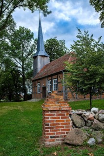 Picturesque view of Zachow village church, a 17th century half-timbered church in Zachow, Groß