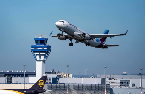Eurowings Airbus taking off from Cologne-Bonn Airport, CGN, Air Traffic Control Tower, North