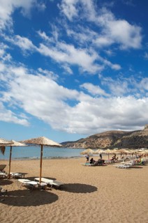 Pachia Ammos sandy beach, Paleochora on the Libyan Sea, in the back the Leka Ori or White