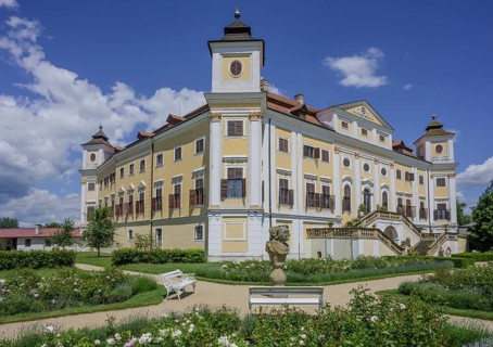 Rose bed and castle, Milotice u Kyjova, South Moravian Region, Czech Republic