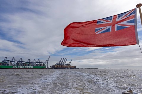 Container port, container ships, flag, Felixstowe, England, Great Britain