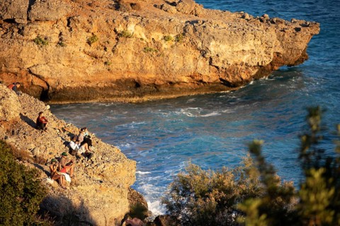 Orange rocks on Koutelo Beach or sunset beach on the Libyan Sea, Vouvas near Chóra Sfakion, Chania