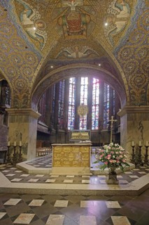 Choir with Charles Shrine and colorful church windows, ornaments, wall mosaic, handicrafts, UNESCO