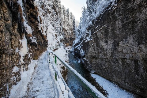 Winter, snowy landscape, river Breitach and hiking trail through the Breitachklamm gorge near