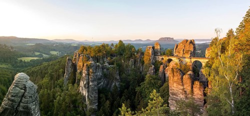 Panoramic view of the Bastei with Neurathen Castle and Wehlgrund, Lilienstein in the background,