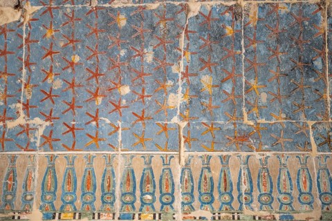Ancient Egyptian art of the interior ceiling, painting of stars and night sky, Temple of