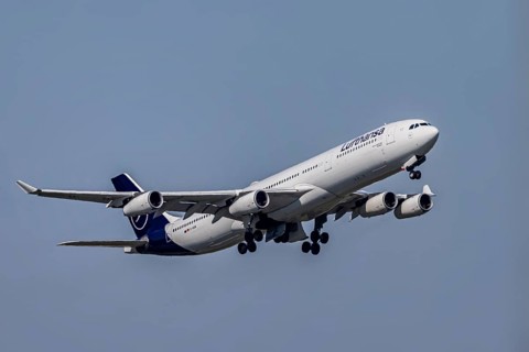 Airbus A340 taking off from Fraport Airport in Frankfurt. FRA, EDDF. Aircraft number plate: D-AIGW,
