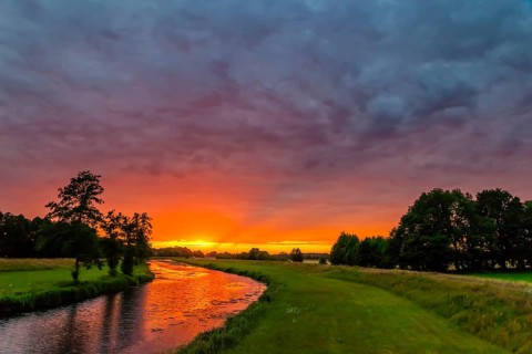 Northern floods, body of water, Spreewald, sunset, cloud atmosphere, flood protection, Germany