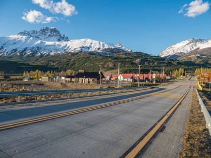 Carretera Austral at Villa Cerro Castillo, snowcapped Mt .Cerro Castillo, Patagonia, Chile