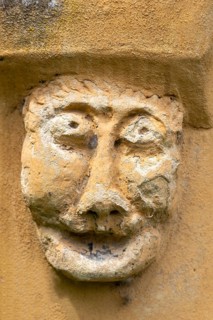 Detail of face, Gothic Summer House, The Minories garden, Colchester, Essex, England, UK c 1745