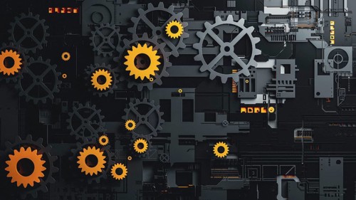 This abstract 3D background features a complex arrangement of gears in black and orange. The