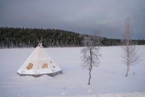 A traditional tipi stands in the snowy expanse of Swedish Lapland, with frosted trees and a dense