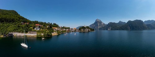 Drone shot, panorama shot, Johannesberg Chapel, Traunkirchen with Traunstein, Lake Lake Traun,