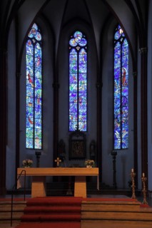 Three blue colorful church windows by Marc Chagall, stained glass, handicrafts, chancel, interior