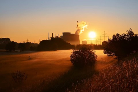 Gersteinwerk power plant and Lippewiesen at sunrise, Werne-Stockum, North Rhine-Westphalia, Germany
