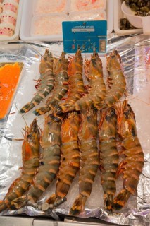 Large prawns displayed on ice in a market setting, raw prawns, fish market, Trouville-sur-Mer,