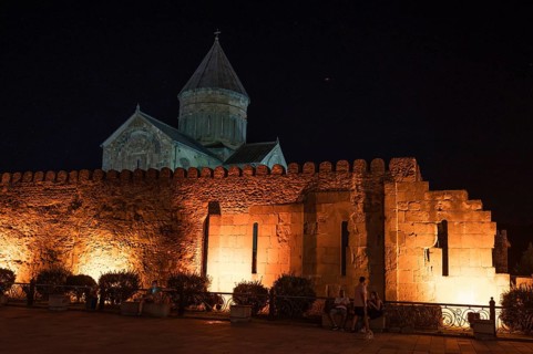 MCCHETA, GEORGIA - AUGUST 16, 2023: Cathedral Svetitskhoveli (Sweti Cchoweli) at night