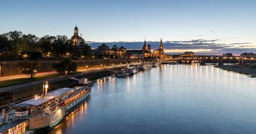 City view with Elbe in the evening, illuminated silhouette at blue hour, Dresden, Saxony, Germany