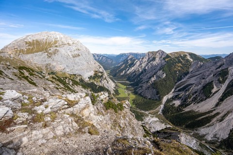 View of Falzthurntal with Sonnjoch summit, from the summit of Hanhkampl, Karwendel Mountains,
