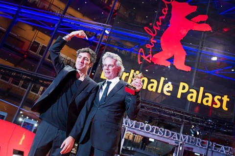 Ilker Çatak (director) and Ingo Fliesson (producer) pose with the Golden Bear for Best Film Arctia