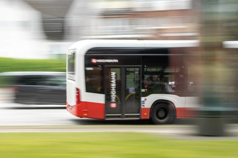 A Hamburg Hochbahn AG (HOCHBAHN) public service bus operating within the Hamburg Transport