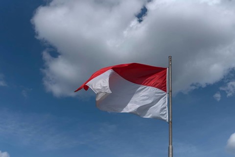 Waving red and white flag, cloudy sky, Middle Franconia, Bavaria, Germany