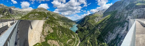 Panoramic view of 200 meter high dam dam Kölnbrein dam in on Maltatal with Galgenbichl Speicher