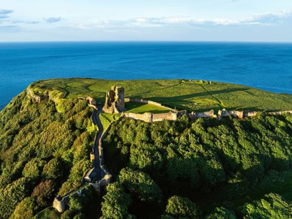 Scarborough Castle from a drone, Scarborough, North Yorkshire, England, United Kingdom