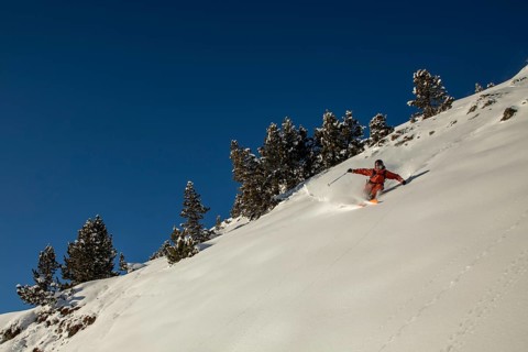A skier in vibrant gear carves through fresh powder on a steep mountain slope under a clear blue