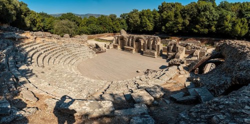 Panoramic in the theater and amphitheater in the archaeological ruins of Butrint or Butrinto