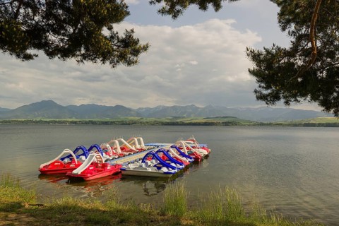 Pedal boats waiting for customers. Liptovska Mara Reservoir, Slovakia