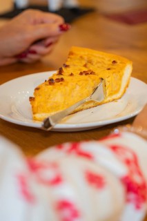 Close-up of a piece of cake on a plate, served with a fork, autumn creations, Cafe Kuh,