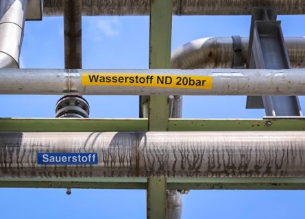 Oberhausen, North Rhine-Westphalia, Germany, pipework for hydrogen and oxygen. Green hydrogen at