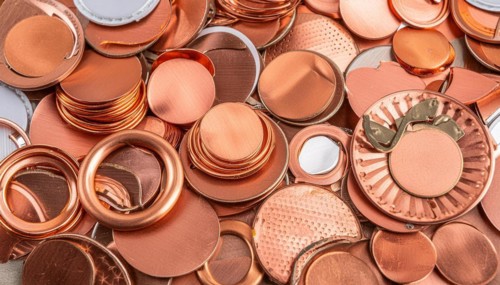 Material, metal, copper, a large amount of metal waste, production waste, from copper on a heap for