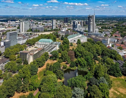 Essen, North Rhine-Westphalia, Germany - City panorama of Essen, skyline with front city garden
